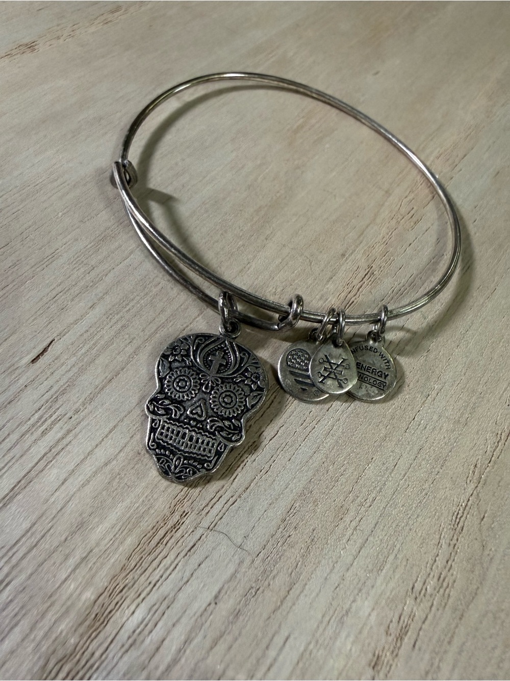 Alex and Ani Silver-Tone Sugar Skull Charm Bangle Bracelet